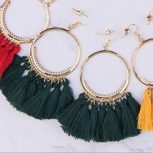 Hunter Green Tassel Fan Boho Gold Hoop Earrings